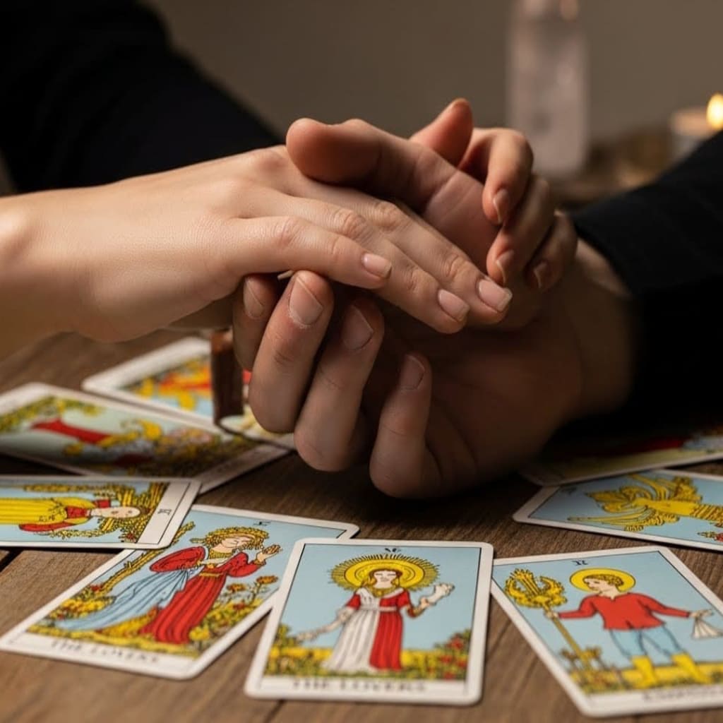 Cartomanzia sull’amore – mani intrecciate e tarocchi in lettura intuitiva