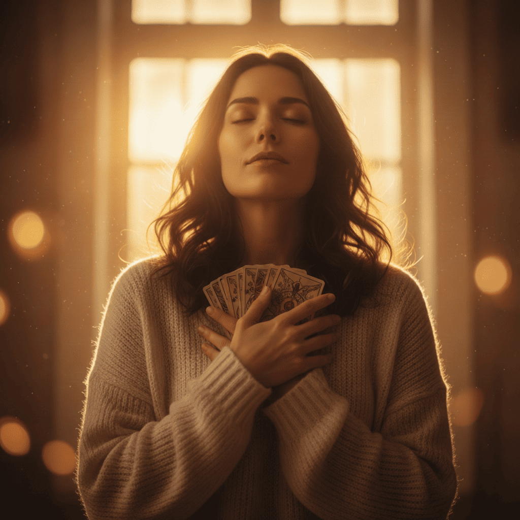 Momento di introspezione con tarocchi e luce dorata – cartomanzia intuitiva